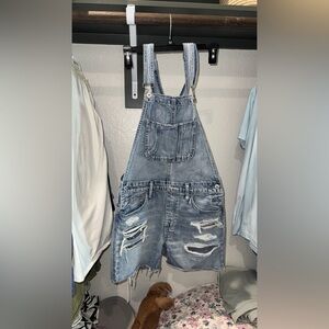American Eagle Blue Denim Short Overalls Vintage-Inspired Relaxed Fit
